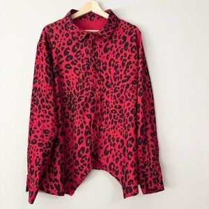 RUTI Red and Black Leopard Print Button Up Long Sleeve Blouse